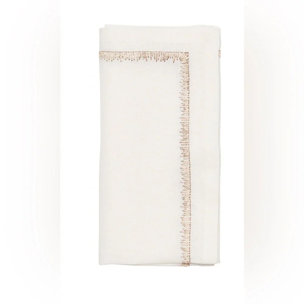 NWT KIM SEYBERT FILAMENT NAPKIN WHITE LINEN MULTI SET OF 2 metallic embroidery